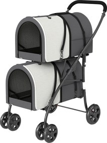PawHut Cărucior Dublu pentru Câini și Pisici Pliabil cu 2 Transportine Detașabile cu Centură și Perne 66x50x98cm Gri Închis | Aosom Romania