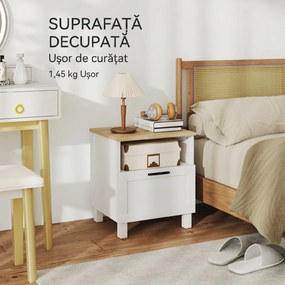 HOMCOM Noptieră Dormitor cu Sertar și Raft Deschis, Noptieră Modernă Compactă cu Picioare din Lemn de Pin, 45x38x50 cm, Alb | Aosom Romania