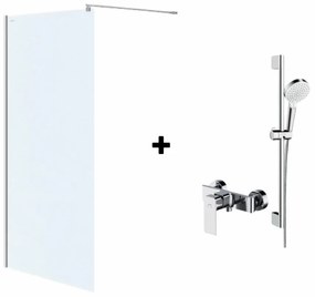 Set paravan dus walk-in 90x200 cm, crom lucios, Mediterraneo Foxy, bara, para dus, furtun, Hansgrohe si baterie dus Cersanit Suaro