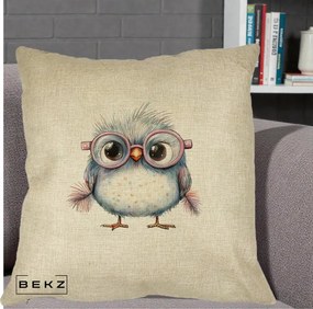 Perna Decorativa Pui Pufos cu Ochelari Roz, 40x40 cm, Crem, Husa Detasabila, Perna Inclusa, BEKZ®