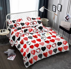 Lenjerie de pat din microfibra alba, HEARTS RED AND BLACK