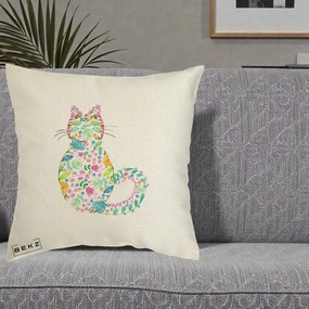 Perna Decorativa Pisica Florala Acuarela, 40x40 cm, Ecru, Husa Detasabila, Perna Inclusa, BEKZ®