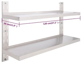 Etajera de perete cu 2 rafturi, 120 x 30 cm, otel inoxidabil 1, 120 x 30 cm