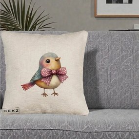 Perna Decorativa Pasare Bleu cu Fundita Roz, 40x40 cm, Bej Canapea, Husa Detasabila, Perna Inclusa, BEKZ®