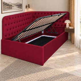 Pat tapițat pentru copii din catifea Elyra 140×200 cm, vișiniu, colț stânga, cu ladă de depozitare