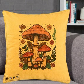 Perna Decorativa Ciuperci Vintage Floral, 40x40 cm, Galben, Husa Detasabila, Perna Inclusa, BEKZ®
