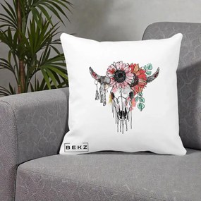 Perna Decorativa Craniu Boho Floral, 40x40 cm, Alba Mata, Husa Detasabila, Perna Inclusa, BEKZ®