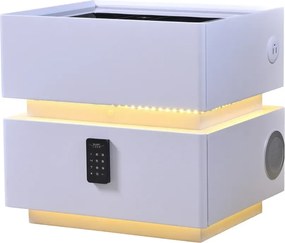 RESIGILAT- Noptieră inteligentă multifuncțională, sertar tip seif cu parolă, încărcare Wireless, difuzor Bluetooth, iluminare LED touch în 3 culori, Alb