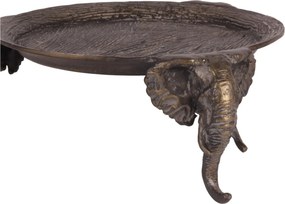 Tavă rotundă din aluminiu, aurie, pe picioare în formă de cap de elefant, stil colonial, finisaj antichizat, 12 x 33 cm, „Jodhpur”