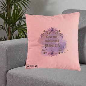 Cadou pentru Bunica - Perna Personalizata Cea Mai Minunata Bunica Flori Mov Acuarela Verde, 40x40 cm, Roz, Husa Detasabila, Perna Inclusa, BEKZ®