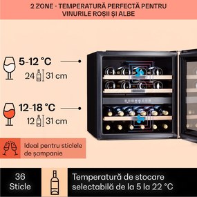 Klarstein Vinsider 36 Onyx Edition, vinotecă, 85 l, 5-22°C, 2 zone.
