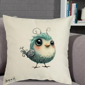 Perna Decorativa Pui Teal cu Aripioare Ornamentale, 40x40 cm, Ecru, Husa Detasabila, Perna Inclusa, BEKZ®