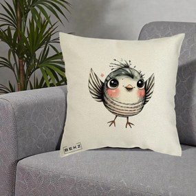 Perna Decorativa Pasare Gri cu Aripi si Inimioare, 40x40 cm, Ecru, Husa Detasabila, Perna Inclusa, BEKZ®