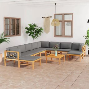Set mobilier gradina cu perne gri, 11 piese, lemn masiv de tec Gri, 3x colt + 5x mijloc + 2x suport pentru picioare + masa, 1