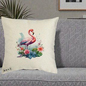 Perna Decorativa Flamingo cu Flori Tropicale Acuarela, 40x40 cm, Ecru, Husa Detasabila, Perna Inclusa, BEKZ®