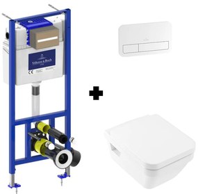 Set vas WC suspendat, Villeroy &amp; Boch, Architectura, dreptunghiular, cu ramă de montaj și rezervor ViConnect Pro și clapetă de acționare albă