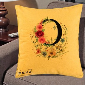 Cadou Personalizat - Perna Personalizata Monogram Litera O cu Flori Acuarela, 40x40 cm, Galben, Husa Detasabila, Perna Inclusa, BEKZ®
