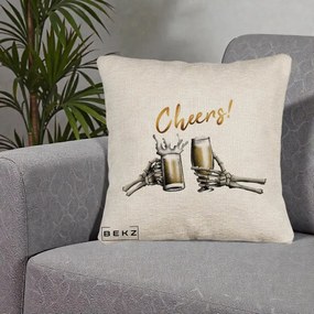 Perna Decorativa Halloween Cheers Schelete cu Bere, 40x40 cm, Bej Canapea, Husa Detasabila, Perna Inclusa, BEKZ®