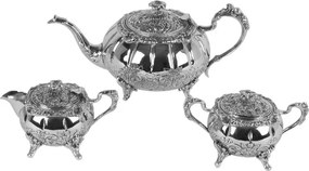 Set de ceai 3 piese din alamă lucrată manual, argintiu, ceainic, letieră și zaharniță cu motive florale în relief, finisaj nichelat, 14,5 x 30 x 17