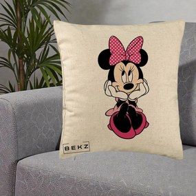 Perna Personalizata Minnie Mouse cu Fundita, 40x40 cm, Bej, Husa Detasabila, Perna Inclusa, BEKZ®