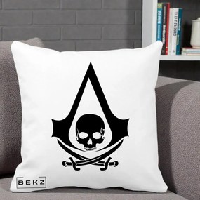 Perna Personalizata Assassin's Creed Black Flag Skull, 40x40 cm, Alba Mata, Husa Detasabila, Perna Inclusa, BEKZ®