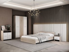 Dormitor Luiza 3U5P, culoare sonoma / alb, cu pat standard 160 x 200 cm, dulap cu 3 usi, comoda si 2 noptiere