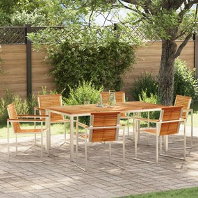 vidaXL Set de dining pentru grădină din 7 piese , masă din lemn masiv de teak și oțel inoxidabil.