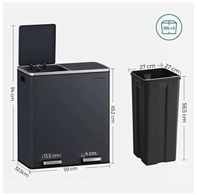 Cos de reciclare, Songmics, 2 compartimente, 2 x 30 L, LTB60GS, Gri