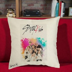 Perna Personalizata K-pop Stray Kids cu Splash Multicolor, 40x40 cm, Ecru, Husa Detasabila, Perna Inclusa, BEKZ®
