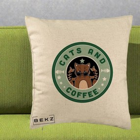 Perna Personalizata Cats and Coffee Starbucks, 40x40 cm, Bej, Husa Detasabila, Perna Inclusa, BEKZ®
