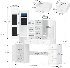 SEA7 - Set Masa toaleta 140 cm, 6 Sertare, rafturi, Oglinda cu LED, Organizator Bijuterii, masuta vanity, make-up, Design Unic - Alb - Auriu