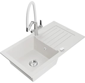 Mexen Pablo chiuvetă de granit cu o singură cuvă cu picurător și baterie de bucătărie Duo, alb - 6510-20-671701-02