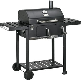 Outsunny Grătar cu Tavă de Cărbune Reglabilă, Grilaj de Grătar din Oțel Galvanizat cu Rafturi de Depozitare, 120x64x114 cm, Negru | Aosom Romania