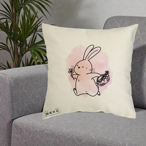 Perna Decorativa Iepuras Kawaii cu Cosulet Floral, 40x40 cm, Ecru, Husa Detasabila, Perna Inclusa, BEKZ®