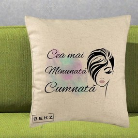 Cadou pentru Cumnata - Perna Personalizata Cea mai Minunata Cumnata cu Silueta Dama si Pete Multicolor, 40x40 cm, Bej, Husa Detasabila, Perna Inclusa, BEKZ®
