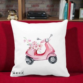 Perna Decorativa Scuter Roz cu Flori Acuarela, 40x40 cm, Alba Mata, Husa Detasabila, Perna Inclusa, BEKZ®