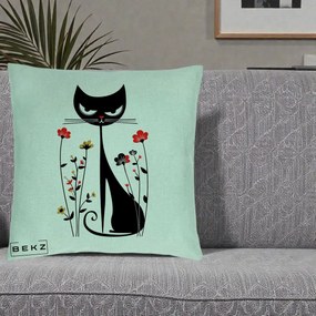 Perna Decorativa Pisica Neagra Grafica Flori Rosii, 40x40 cm, Verde Menta, Husa Detasabila, Perna Inclusa, BEKZ®