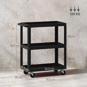 HOMCOM Cărucior pentru Scule cu 3 Rafturi cu Margini Înalte, 70,5x35x82,5 cm, Negru | Aosom Romania