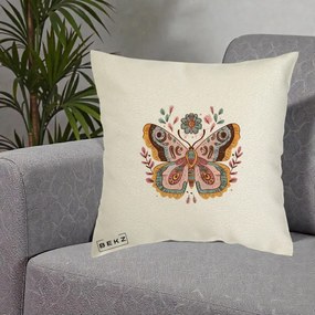 Perna Decorativa Fluture Boho Floral, 40x40 cm, Ecru, Husa Detasabila, Perna Inclusa, BEKZ®
