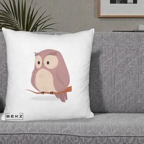 Perna Decorativa Bufnita Kawaii pe Creanga, 40x40 cm, Alb Pufos, Husa Detasabila, Perna Inclusa, BEKZ®
