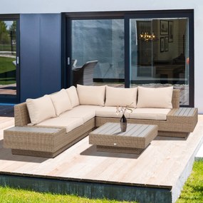Outsunny Set Living de Gradina din Rattan, 4 Piese, Coltar pentru Exterior cu Perne, Masute Laterale si Masuta de Cafea, Maro Deschis | Aosom Romania