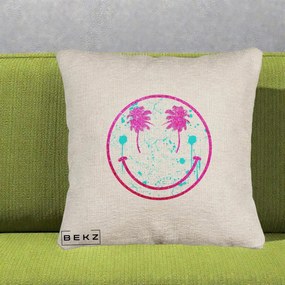 Perna Decorativa Smiley Face Tropical Glitter Roz, 40x40 cm, Bej Canapea, Husa Detasabila, Perna Inclusa, BEKZ®