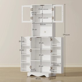 HOMCOM Mobilă de Depozitare pentru Bucătărie cu 2 Dulapuri și 8 Rafturi, din Lemn și Acrilic, 60x39.5x179.6 cm, Alb | Aosom Romania