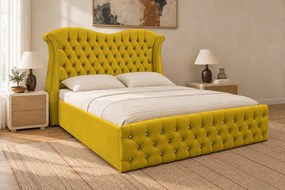 Pat tapițat Chesterfield Avella 160×200 cm, galben muștar, cu ladă de depozitare