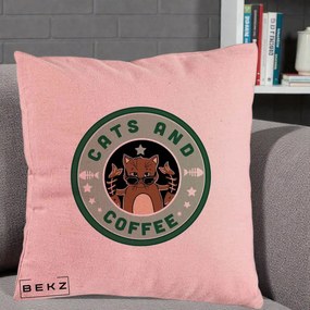 Perna Personalizata Cats and Coffee Starbucks, 40x40 cm, Roz, Husa Detasabila, Perna Inclusa, BEKZ®