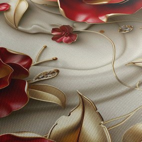 Tablou - Flori 3D Roșu-Auriu (cu ceas) (90x30 cm)