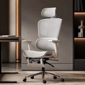 AERION – Scaun ergonomic, spătar ergonomic segmentat, suport lombar 3D, tetieră reglabilă, cotiere 3D, suport pentru picioare, înclinare până la 145°, bază metalică, Mesh, Alb/Gri