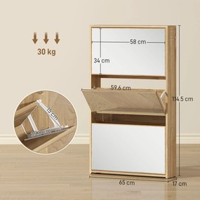 HOMCOM Dulap pentru Pantofi a Oglindă Con 3 Sertare a Rabatabil 65x17x114.5 cm Color Lemn | Aosom Romania