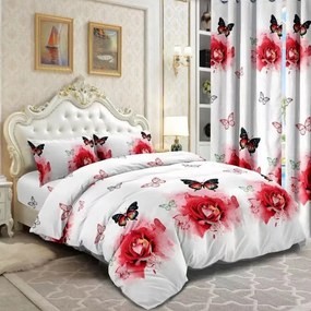 Lenjerie pat dublu cu două feţe  4 piese  Bumbac Satinat Superior  Alb-Rosu  fluturi  trandafiri