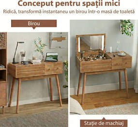 HOMCOM Masă de Toaletă pentru Machiaj cu Oglindă Rabatabilă și Lumini LED, Stație de Machiaj cu 3 Sertare, Compartimente Interne și Picioare din Pin, Masă de Toaletă pentru Dormitor, Modernă, 100x40x87 cm, Culoare Nuc | Aosom Romania